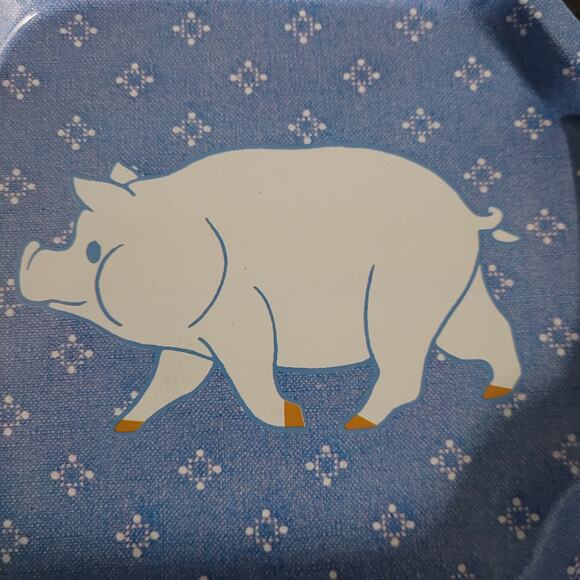 1980s Country Calico Tin Snack Trays Set of 4 Farm Animals Blue Floral Cottage - Picture 3 of 9